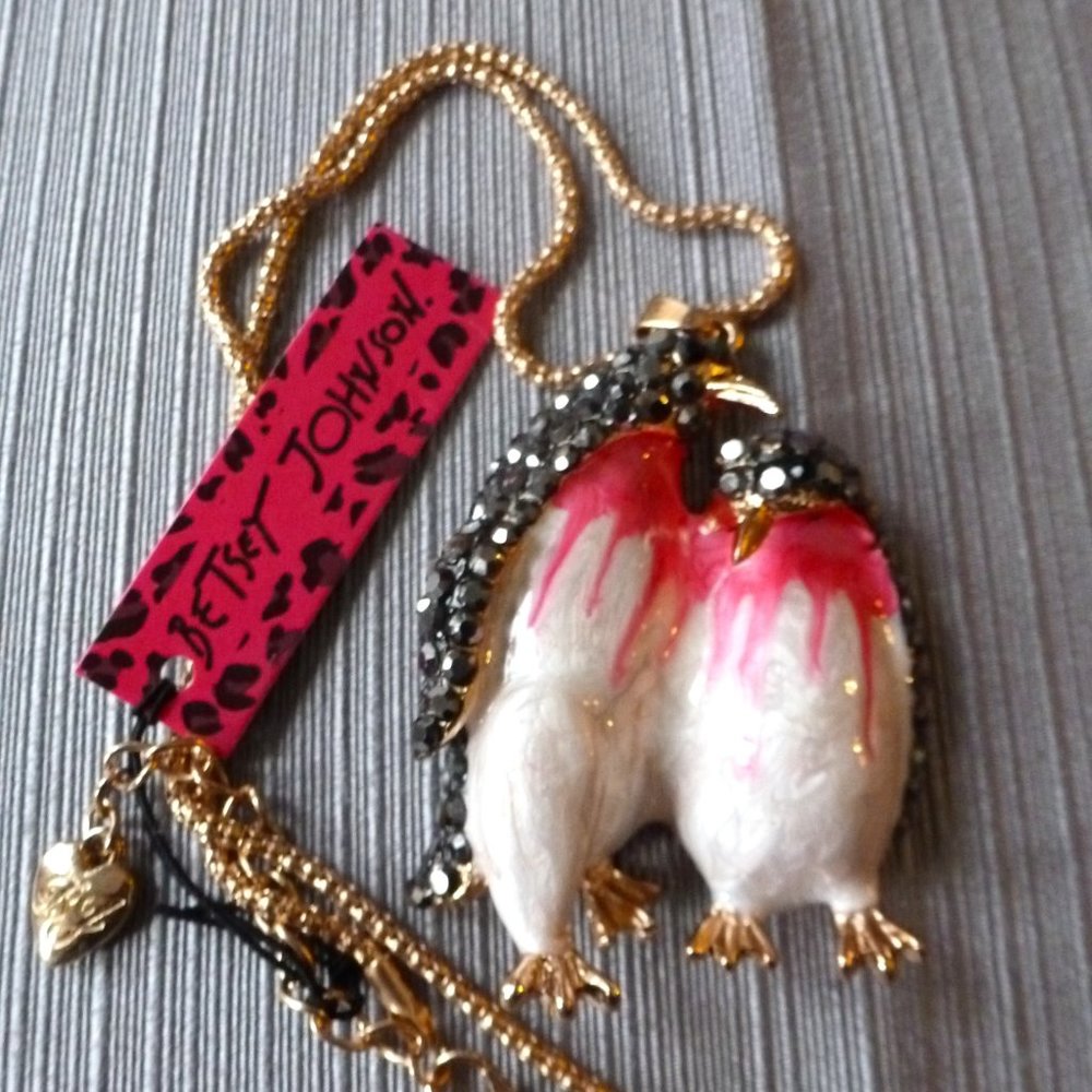 Betsey Johnson Romantic penguin couple rhinestone enamel pendant NEW